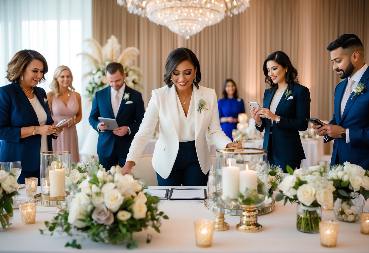 A wedding planner surrounded by luxurious decor, coordinating with vendors and managing a high-end event