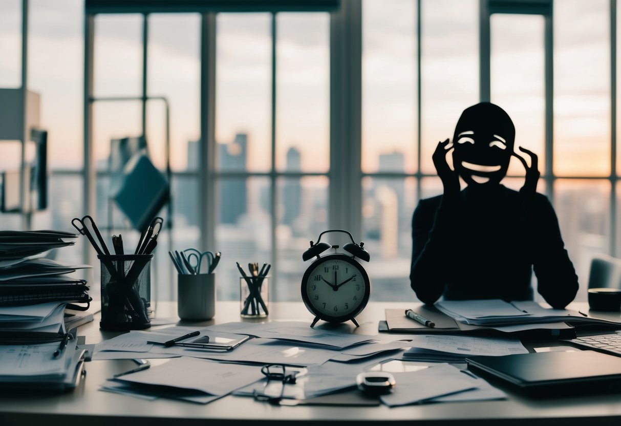 A cluttered desk with scattered wedding planning materials, a ticking clock, and a frazzled expression on a faceless figure's silhouette