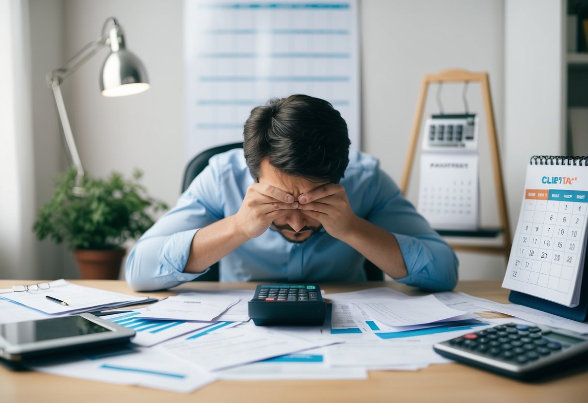 A cluttered desk with scattered papers, a calculator, and a calendar. A stressed person furrows their brow while trying to balance numbers and deadlines