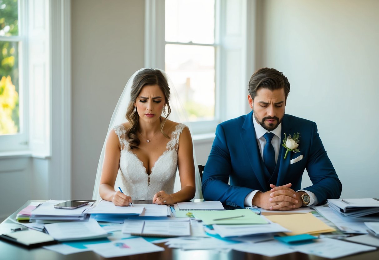 A bride and groom sitting at a table covered in wedding planning materials, looking stressed and overwhelmed