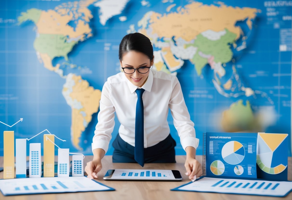 A wedding planner surrounded by charts and graphs, with a world map in the background, indicating global market research and demographic analysis