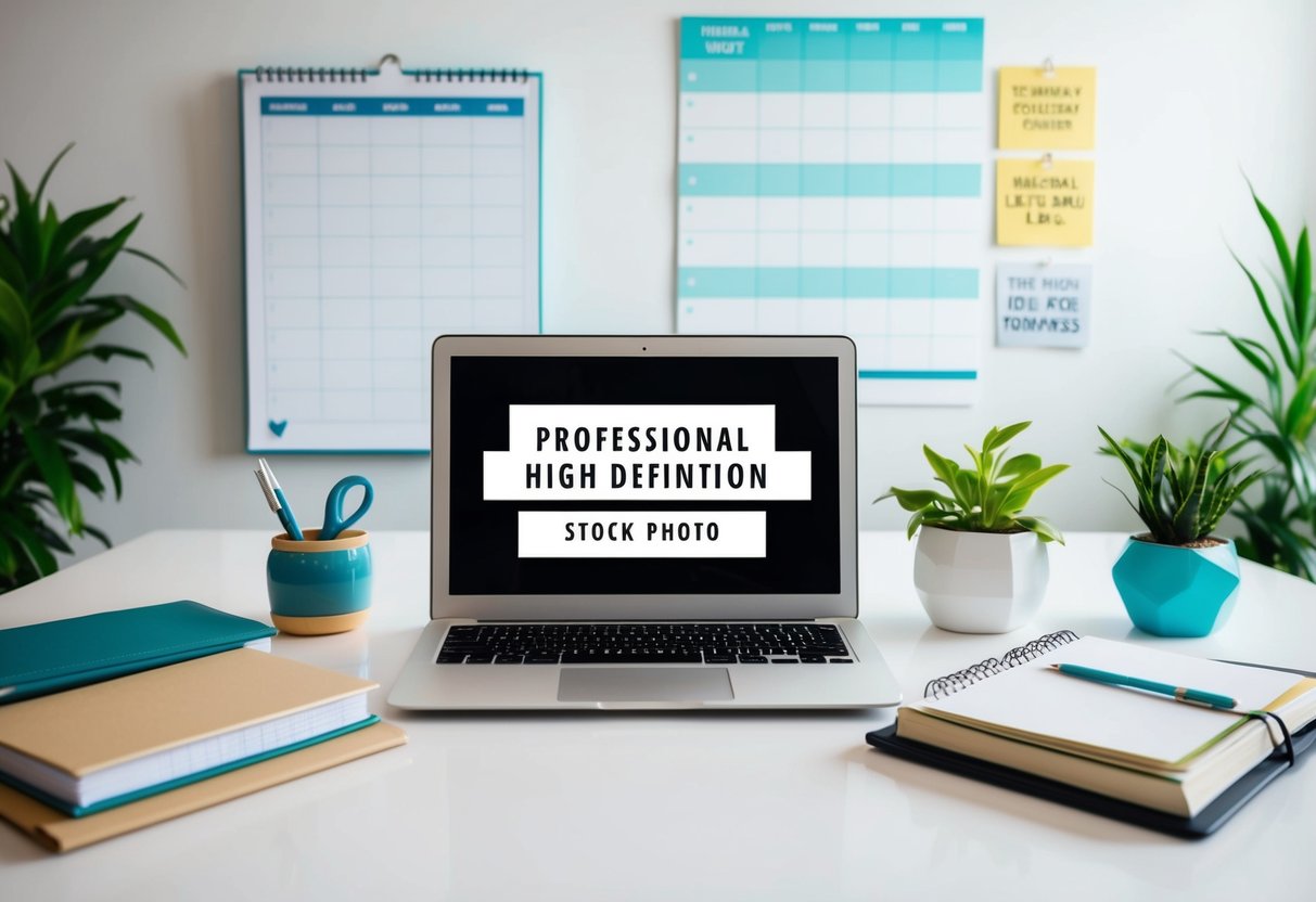 A table with a laptop, planner, and business books. A calendar and to-do list on the wall. Bright, organized space with plants and motivational quotes