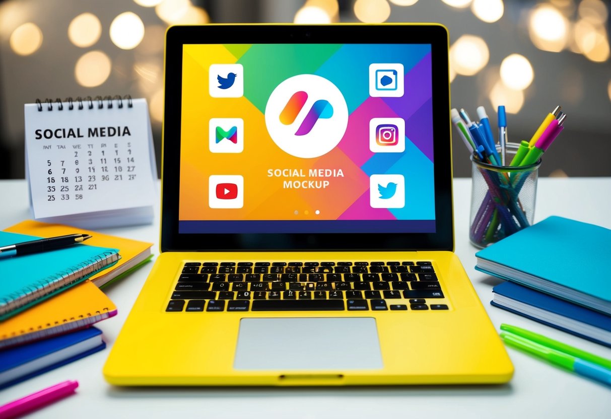 A bright laptop surrounded by colorful notebooks, pens, and a calendar. A logo and website mockup on the screen, with social media icons in the background