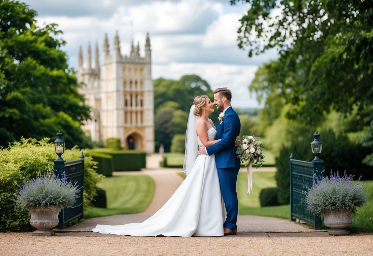 A wedding photographer capturing a couple in a scenic UK location, surrounded by lush greenery and historic architecture