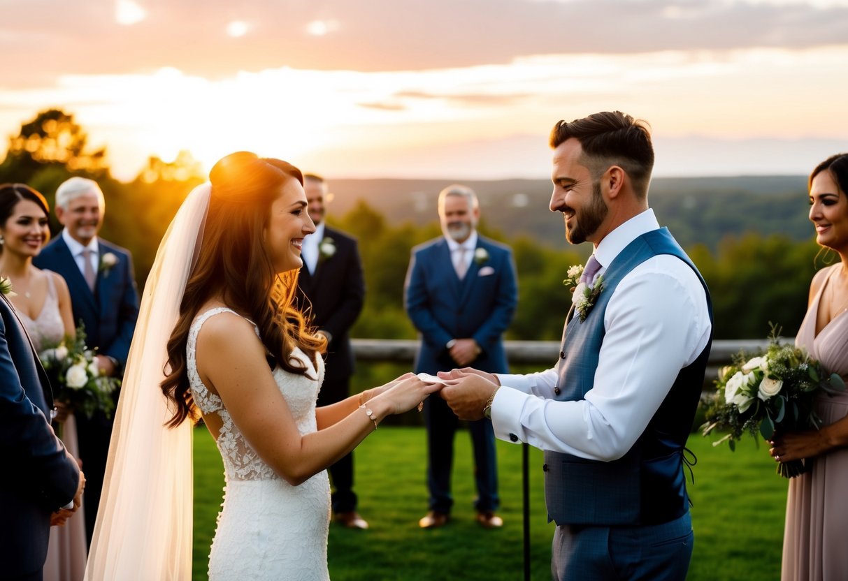 A wedding photographer capturing a couple exchanging vows in a scenic outdoor setting, surrounded by friends and family, with the sun setting in the background