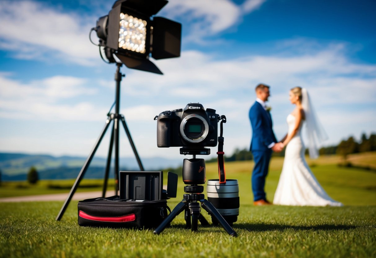 A wedding photographer's camera, tripod, and lighting equipment set up in a picturesque outdoor location, with a bride and groom standing in the distance