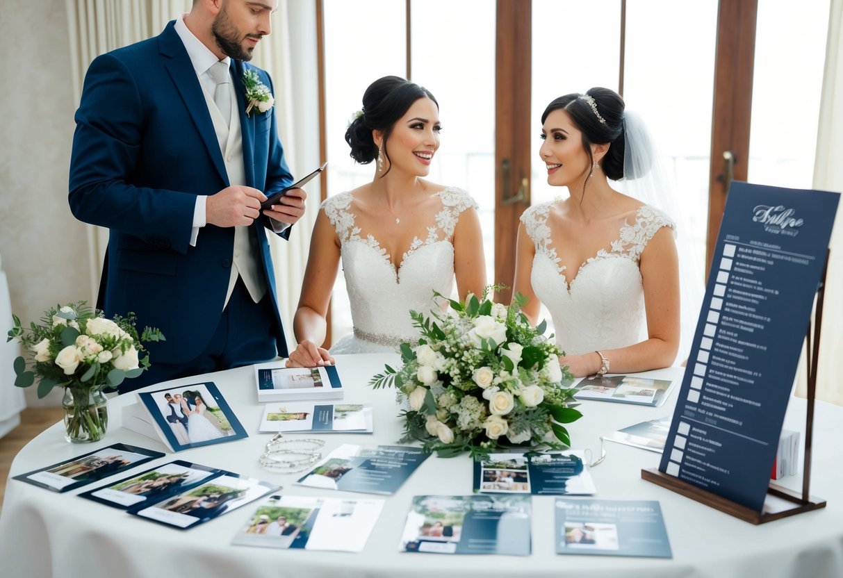 A bride and groom sit at a table, surrounded by wedding photography samples and price lists. The photographer stands nearby, discussing packages and options with the couple