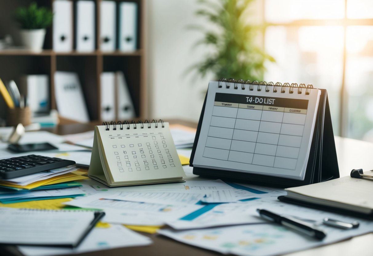 A cluttered desk with scattered papers and a chaotic calendar. A half-finished to-do list sits next to an empty planner