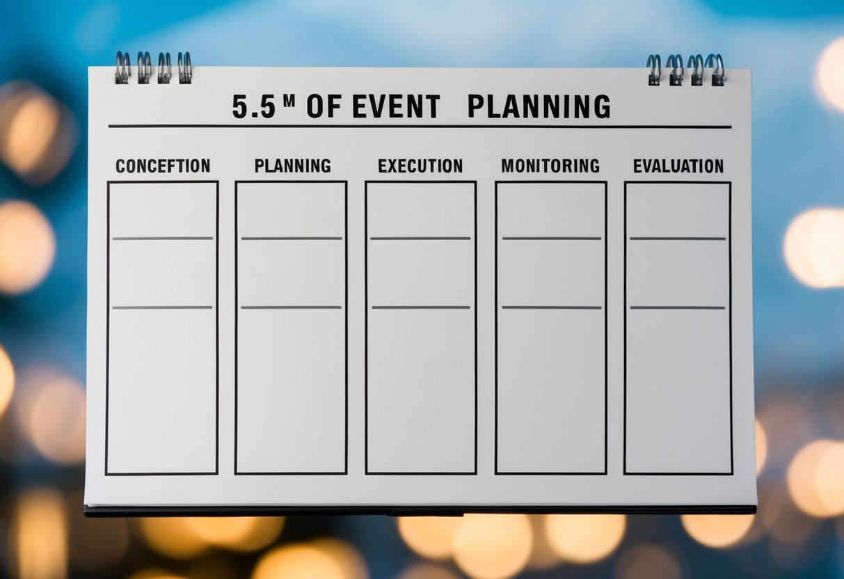 A blank calendar with five distinct sections, each labeled with a different phase of event planning: conception, planning, execution, monitoring, and evaluation