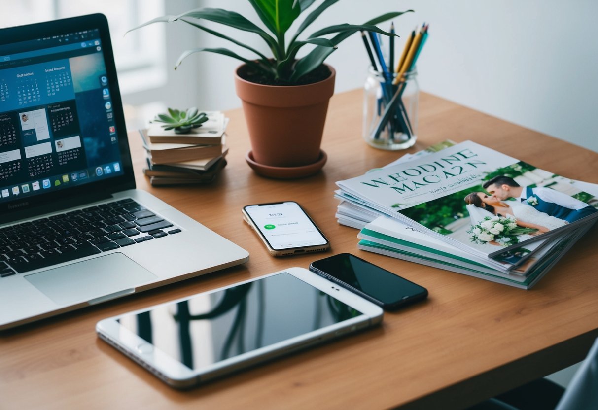 A cluttered desk with a laptop, calendar, and wedding magazines. A stack of business cards and a phone with notifications