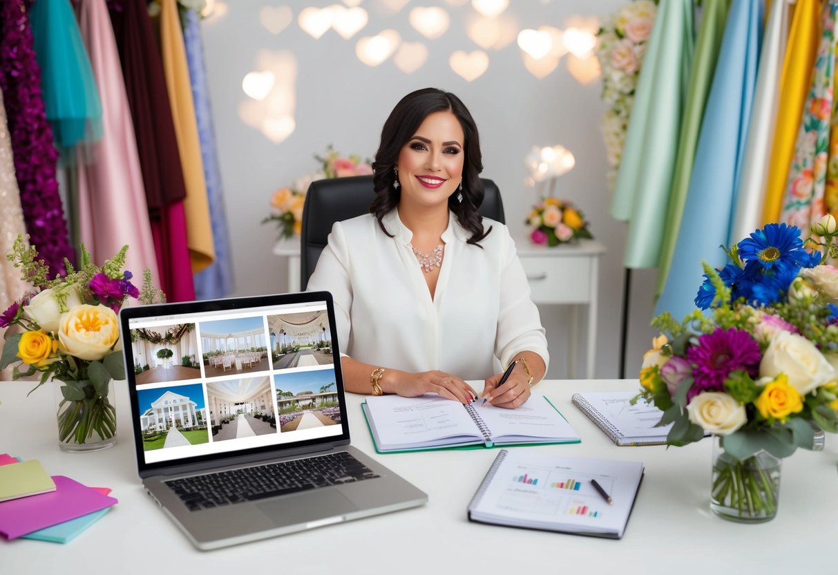 A wedding planner sits at a desk surrounded by colorful fabric swatches, floral arrangements, and a notebook filled with notes and sketches. A laptop displaying different wedding venues is open on the desk