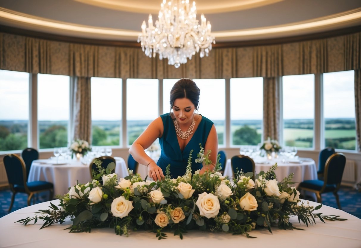 A wedding planner in the UK arranging flowers and decor in a grand ballroom with a view of the countryside