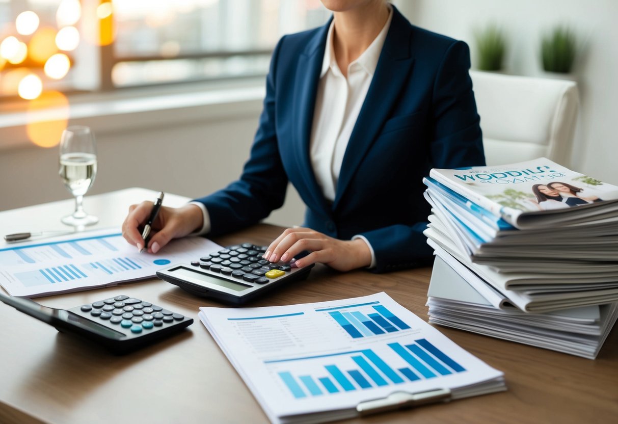 A wedding organizer sits on a desk surrounded by a calculator, budget spreadsheets, and a stack of wedding magazines