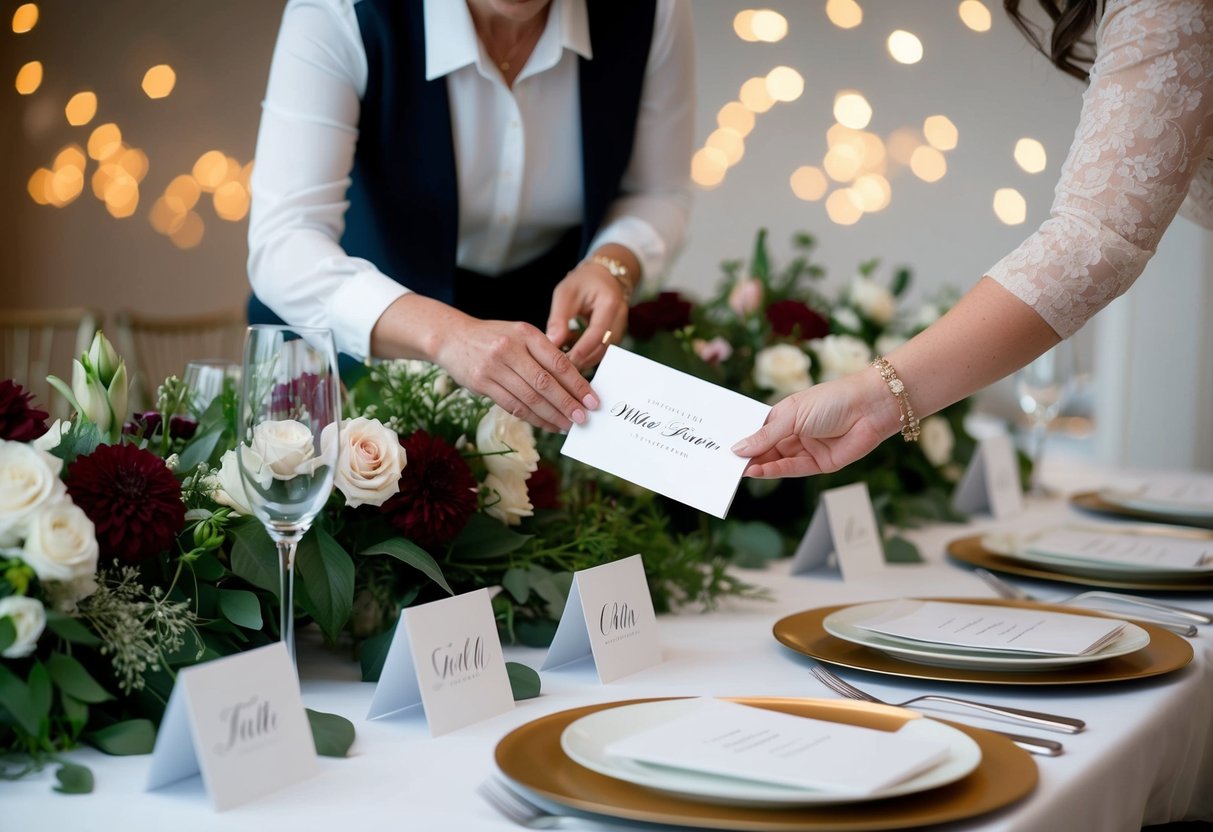 A wedding planner organizing a table setting with floral arrangements and place cards