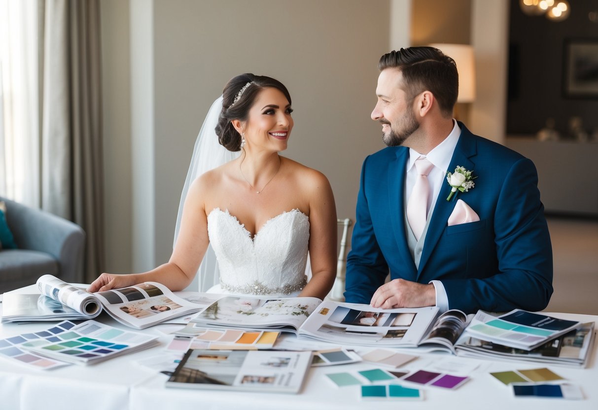 A bride and groom sit at a table covered in wedding magazines and swatches, discussing their vision for their big day