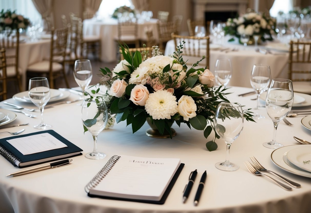 A table adorned with floral centerpieces, place settings, and elegant tableware. A wedding planner's notebook and pen sit nearby