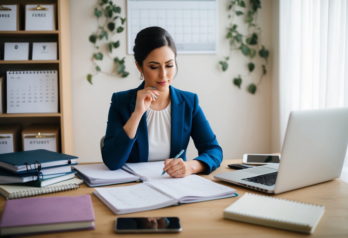 A wedding planner sits at a desk surrounded by notebooks, calendars, and a laptop. They are deep in thought, pen in hand, as they carefully map out the details of a client's special day