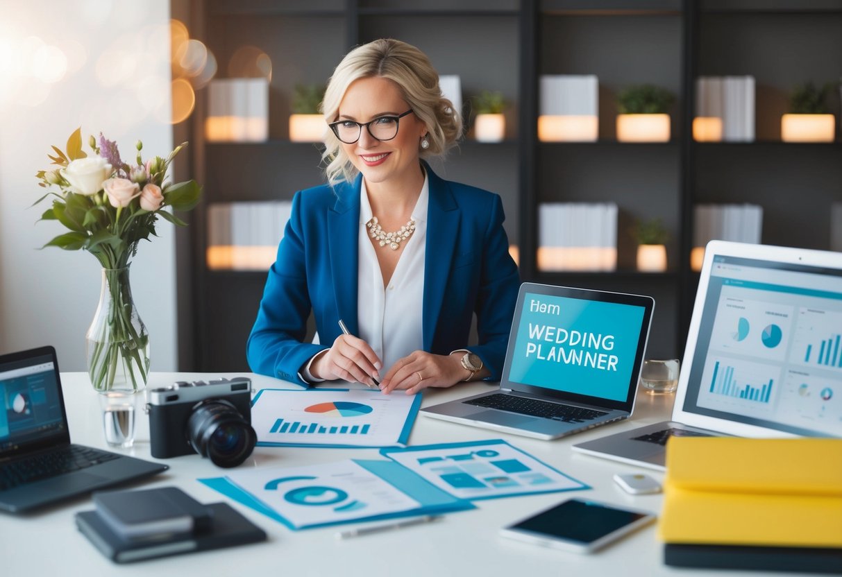 A wedding planner surrounded by modern technology and trend research materials