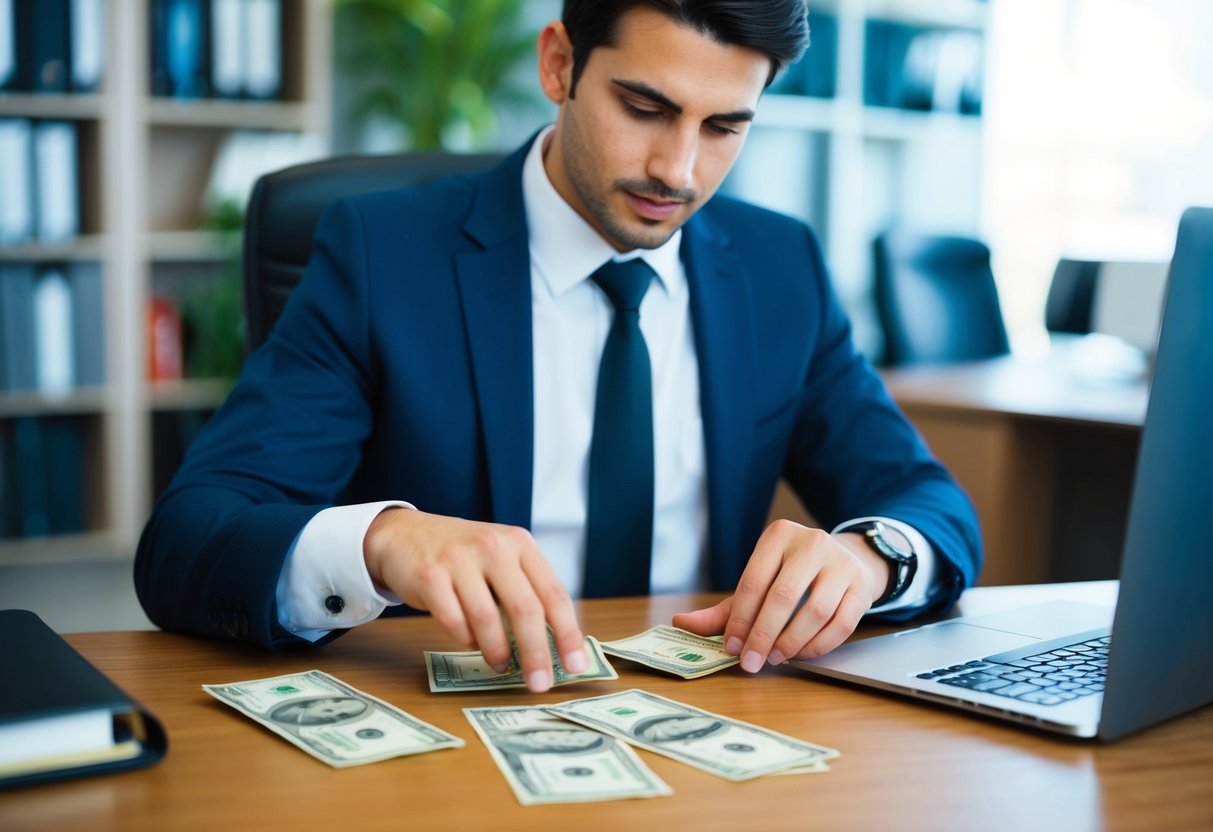 A planner counting money at a desk in an office