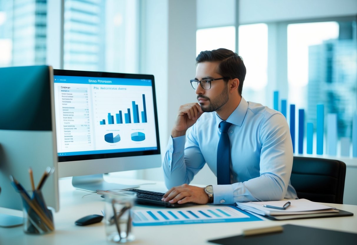 A planner sits at a desk, surrounded by charts and graphs. A computer screen displays financial data. The planner is deep in thought, analyzing the salary spectrum