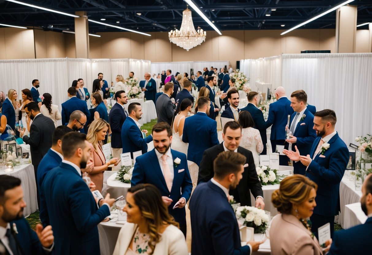 A bustling wedding expo with vendors, couples, and planners networking and discussing services in a vibrant, elegant setting