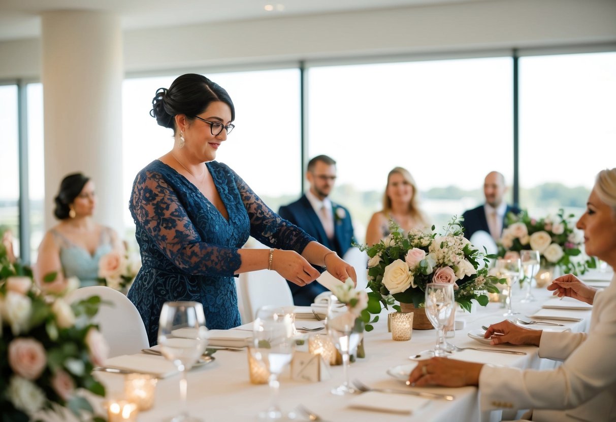 A wedding planner organizing seating arrangements and floral decorations
