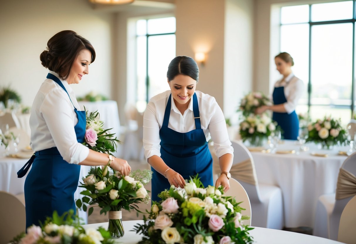 A wedding planner arranging flowers, setting up decorations, and coordinating additional services for a wedding venue