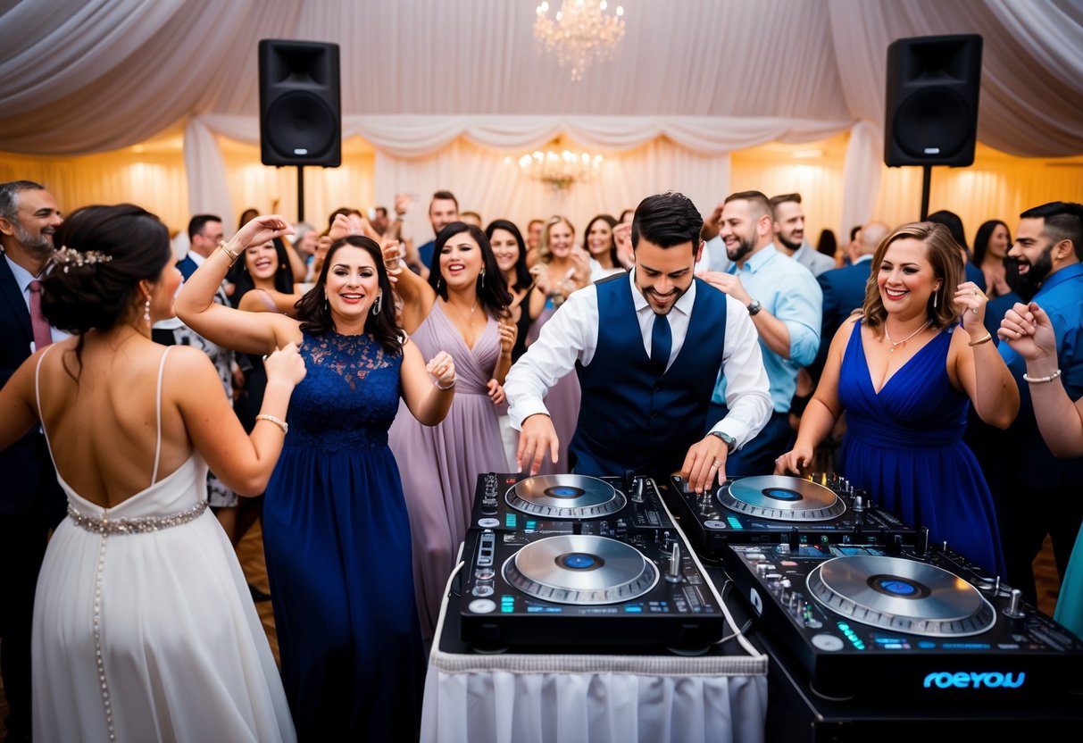 A DJ at a wedding, with a crowd of guests dancing and enjoying the music. The DJ is set up behind a booth with turntables and speakers, creating a lively and festive atmosphere