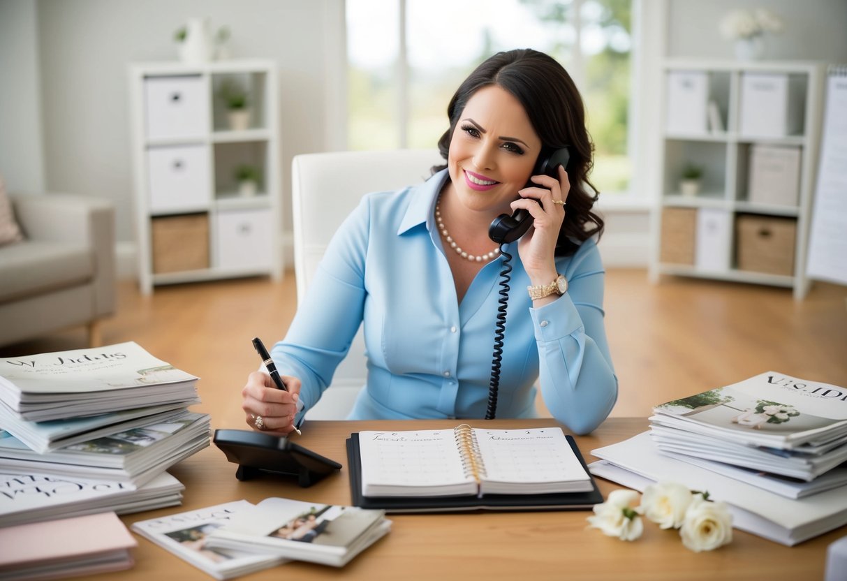 A wedding coordinator sits at a desk surrounded by wedding magazines and a calendar, making phone calls and organizing details for upcoming events