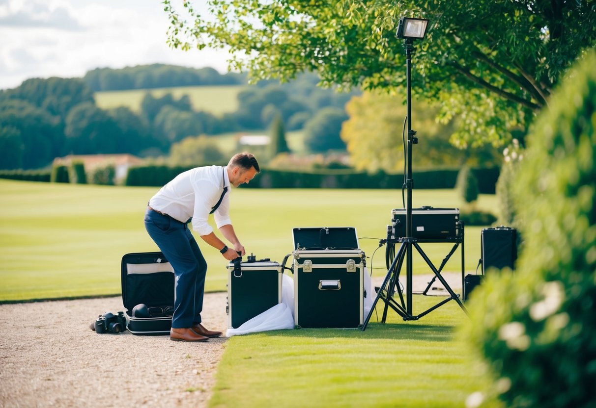 A wedding photographer setting up equipment at a picturesque outdoor venue for a half-day event