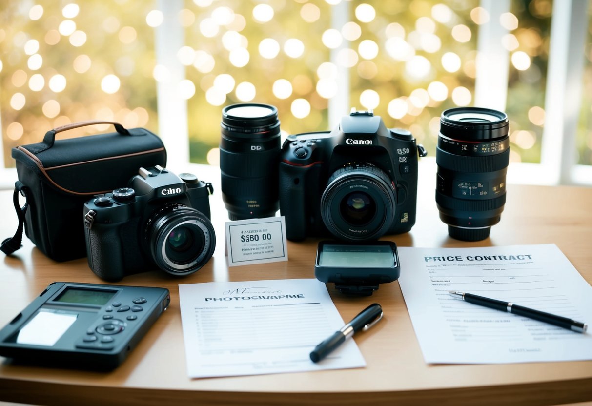 A wedding photographer's camera and equipment arranged on a table, with a price list and contract displayed nearby