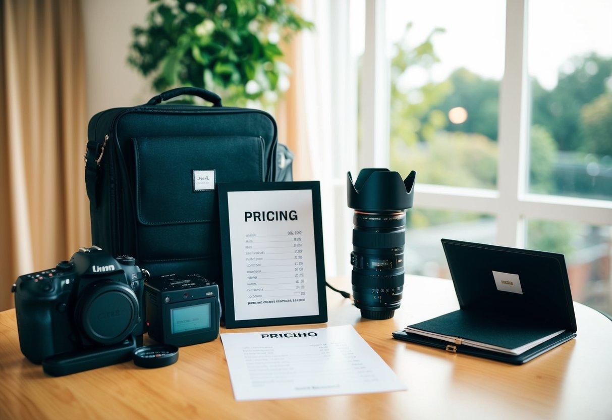 A wedding photographer's equipment and portfolio displayed next to a pricing sheet