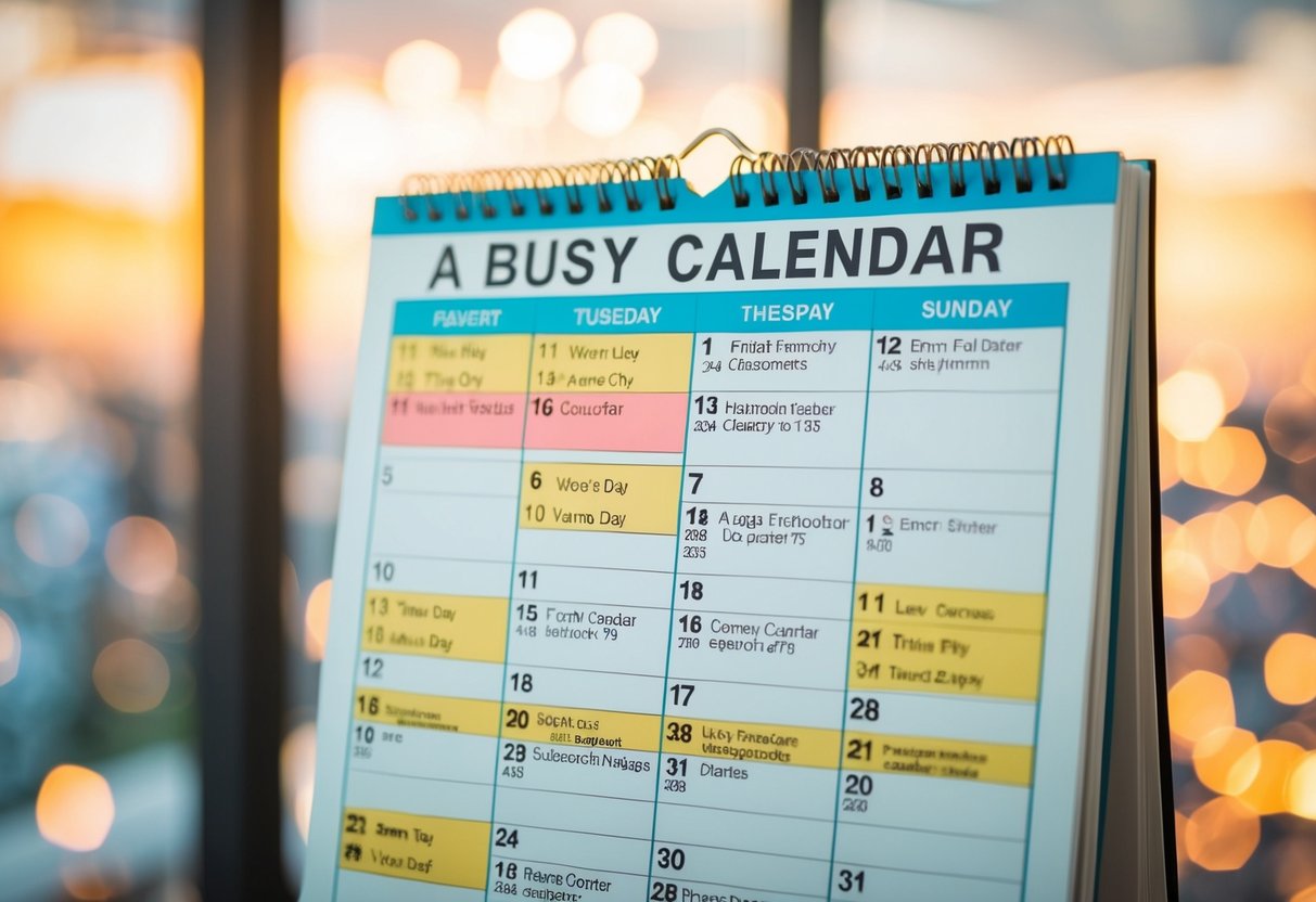 A busy calendar with event dates, vendor contacts, and to-do lists
