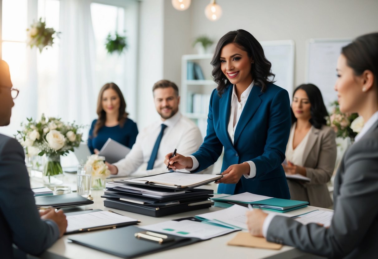 A wedding planner's assistant organizes files, schedules appointments, and communicates with vendors and clients