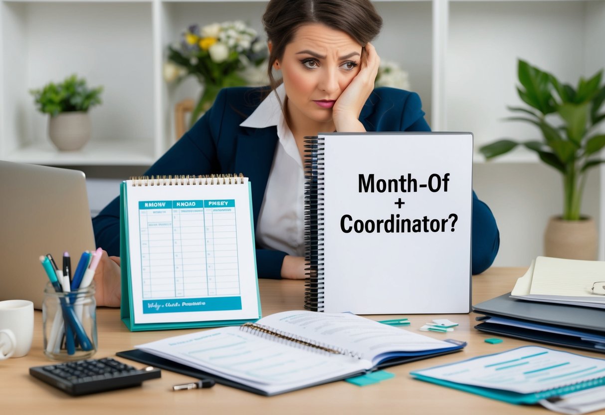 A cluttered desk with a calendar, to-do list, and wedding planning binder. A person looks overwhelmed while trying to decide if they need a month-of coordinator