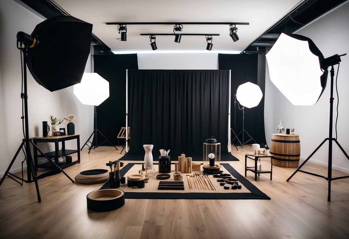 A high-end commercial photography studio with professional lighting, backdrops, and a variety of products and props for product photography