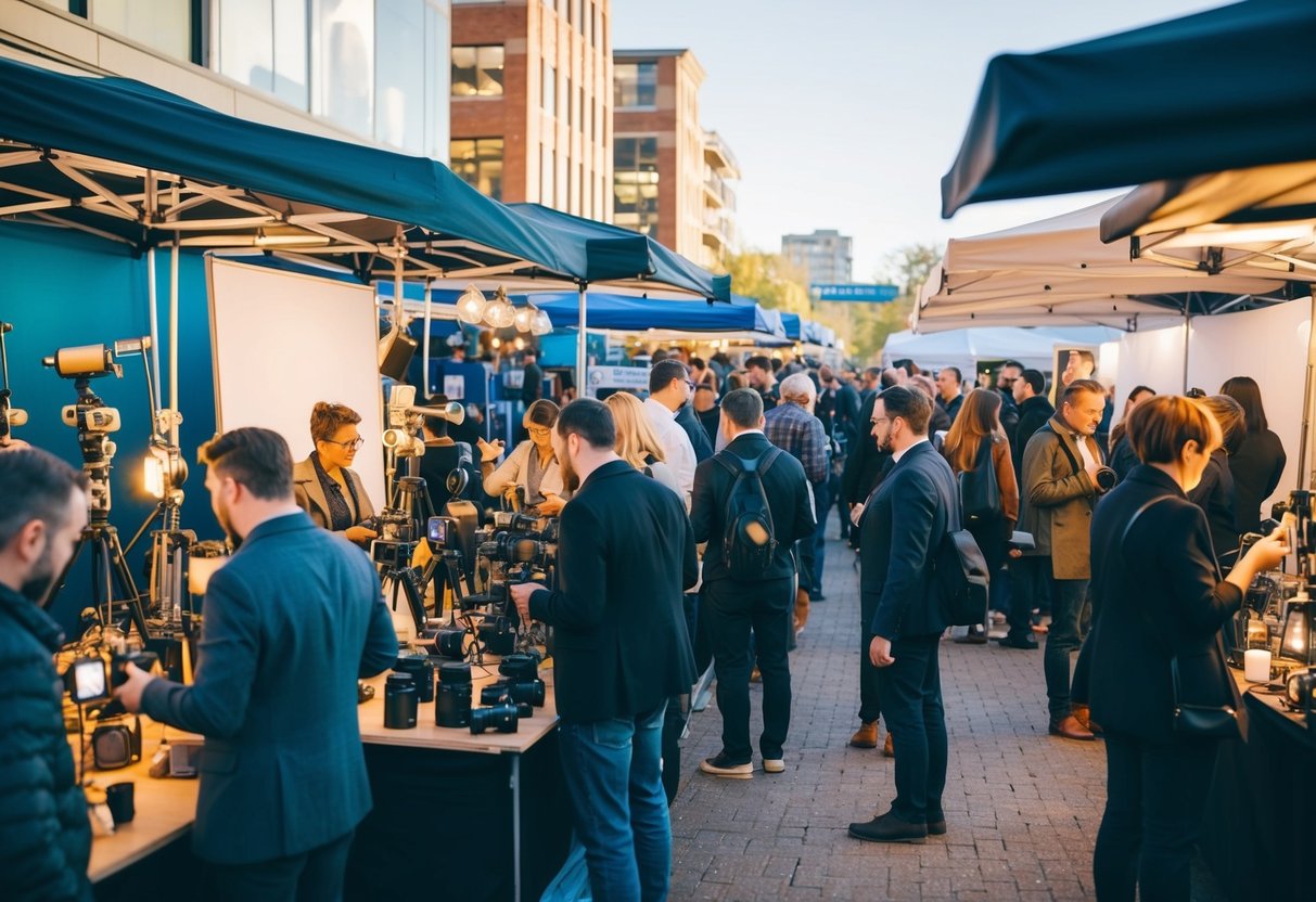 A bustling outdoor market with various photography equipment and studio props on display, with a crowd of photographers and potential clients browsing and interacting