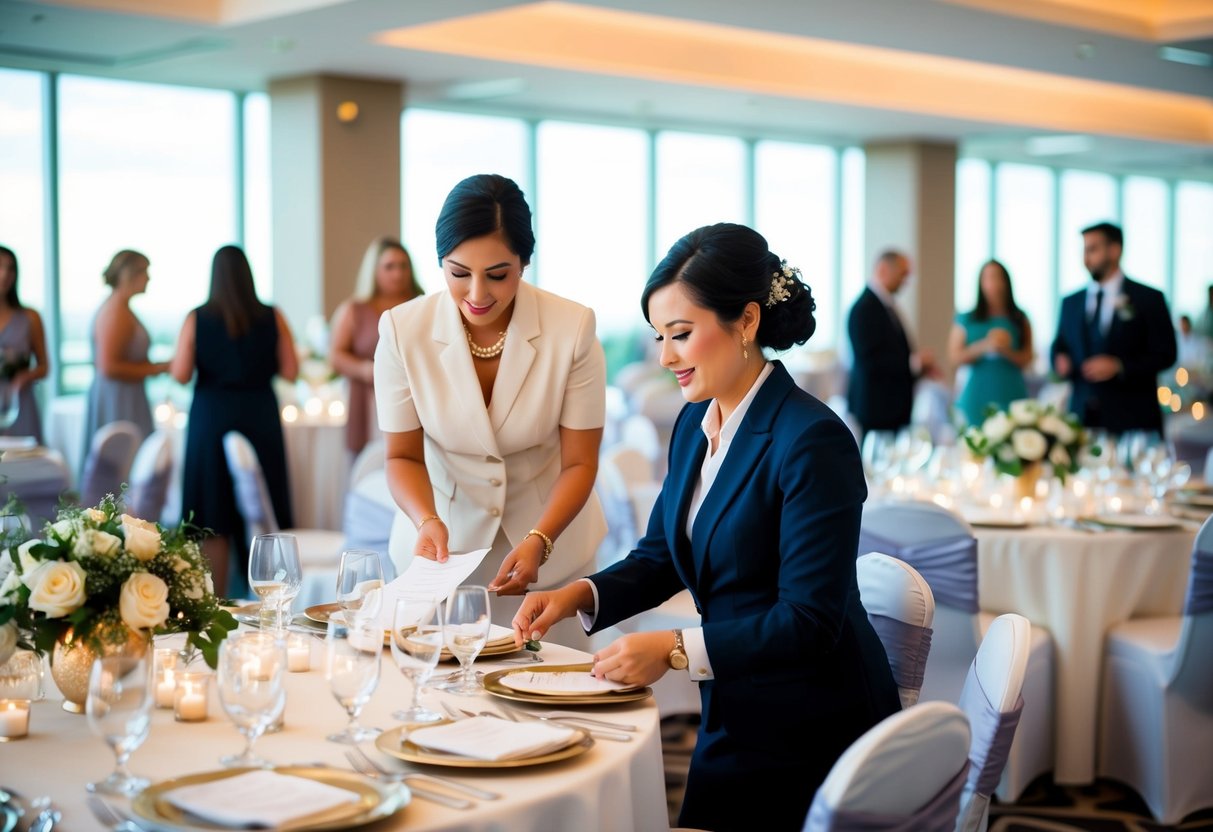 A busy assistant wedding planner coordinates seating arrangements and decorates reception tables at a luxury venue