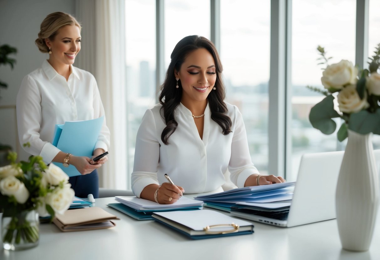 An assistant wedding planner organizes files, schedules, and communicates with vendors