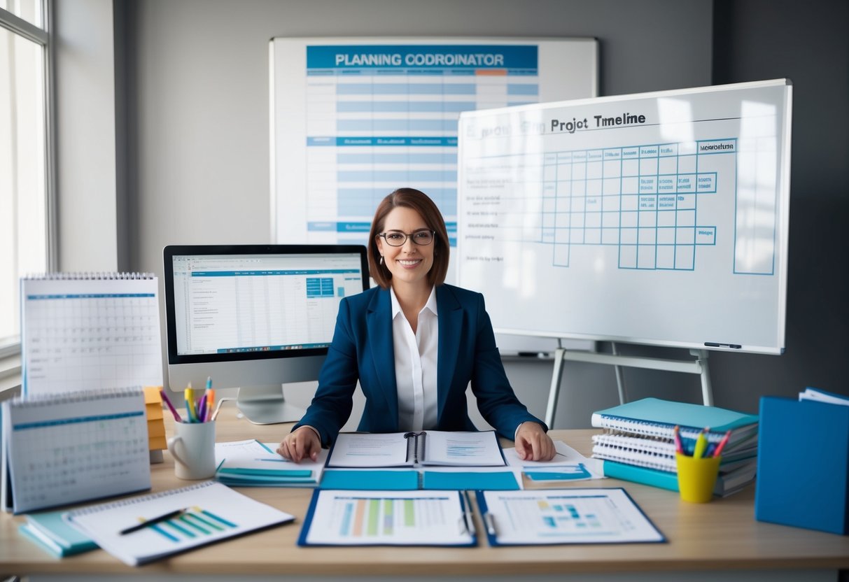 A planning coordinator sits at a desk, surrounded by calendars, schedules, and project timelines. A computer screen displays spreadsheets and a whiteboard shows a detailed project plan