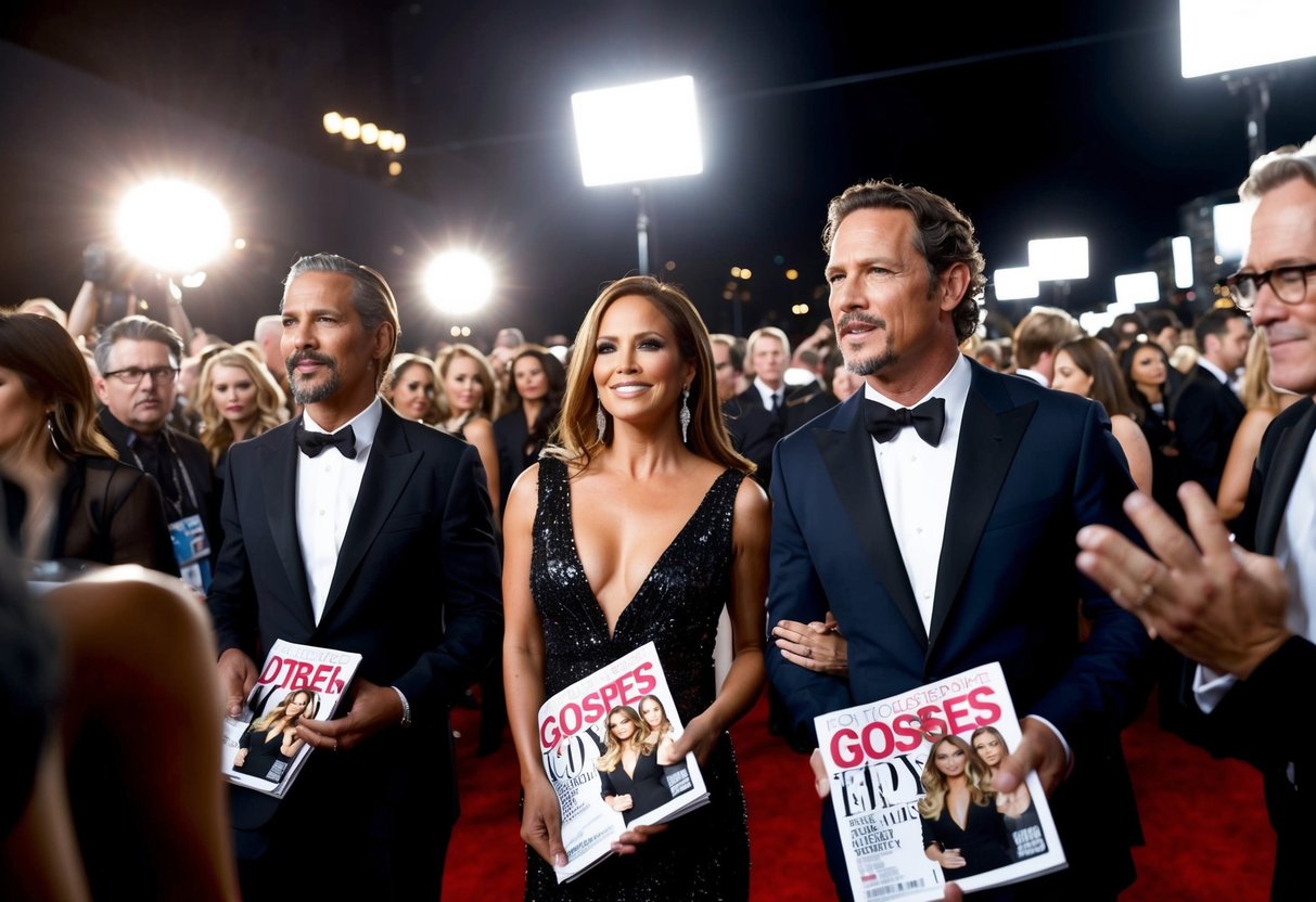 A crowded red carpet event with flashing cameras and gossip magazines featuring Jennifer Lopez and Matthew McConaughey