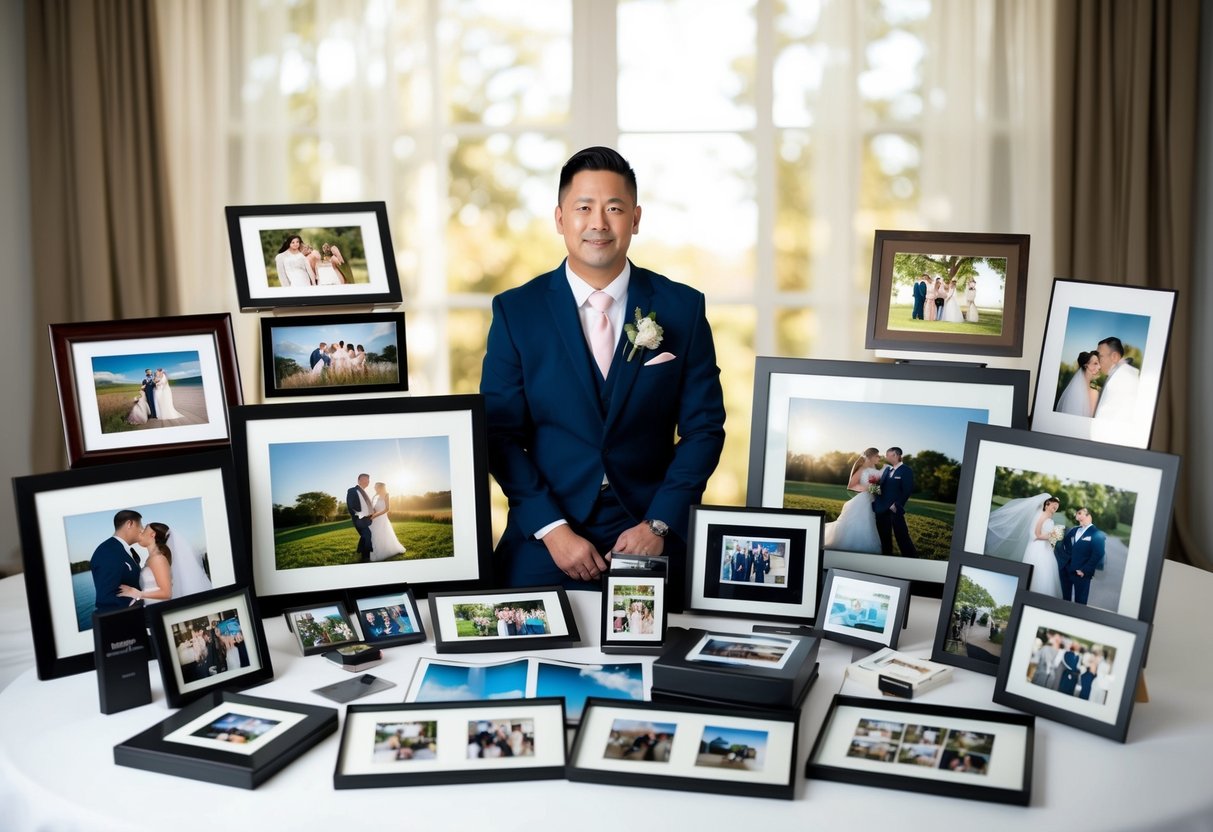 A wedding photographer surrounded by a variety of printed and framed photographs, albums, and digital images, showcasing the range of options available to clients