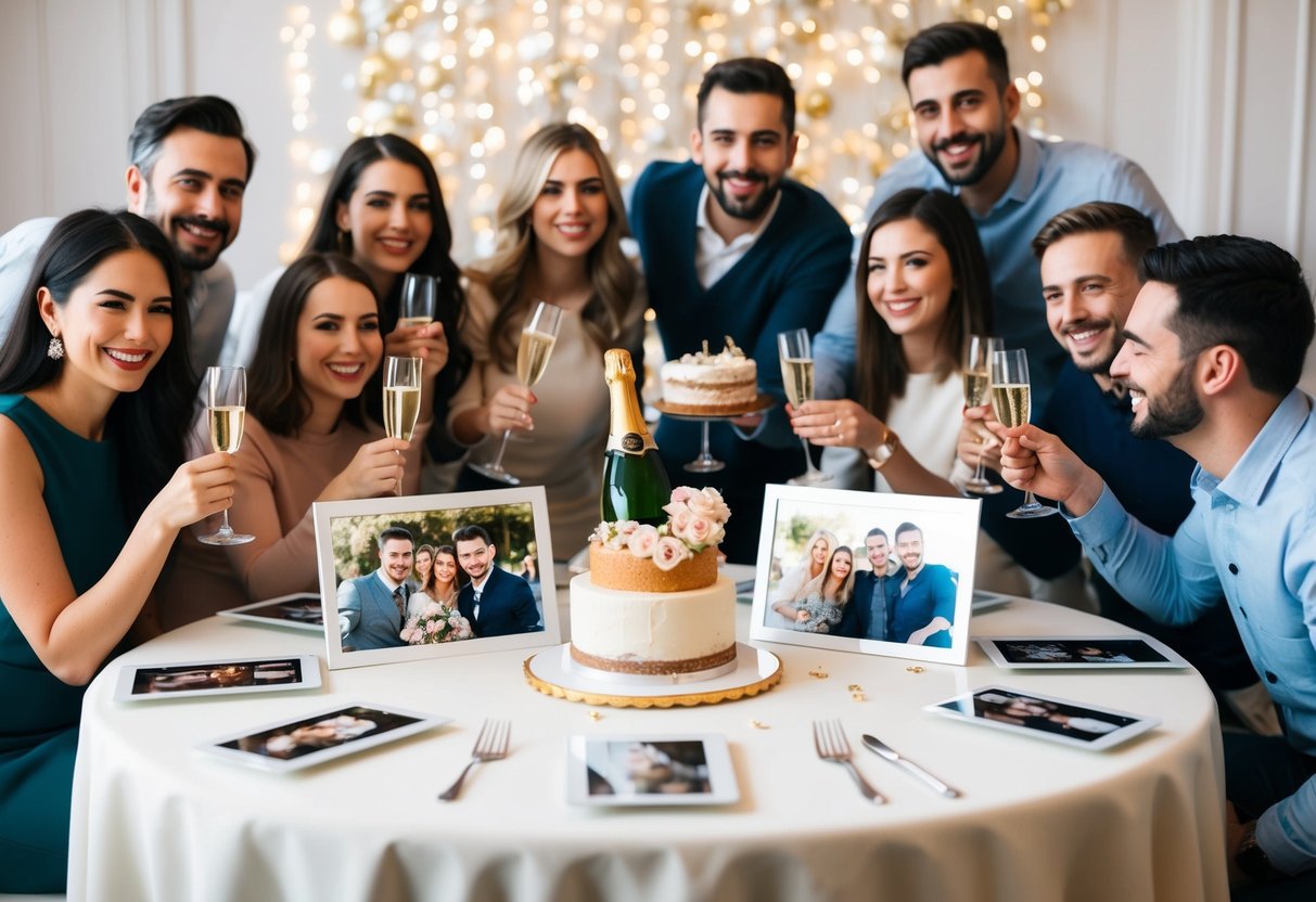 A festive table with champagne, a cake, and photographs displayed, surrounded by happy friends and family