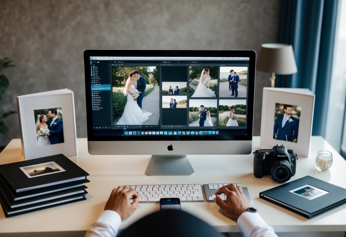 A wedding photographer editing raw files on a computer, surrounded by printed wedding albums and a camera on a desk