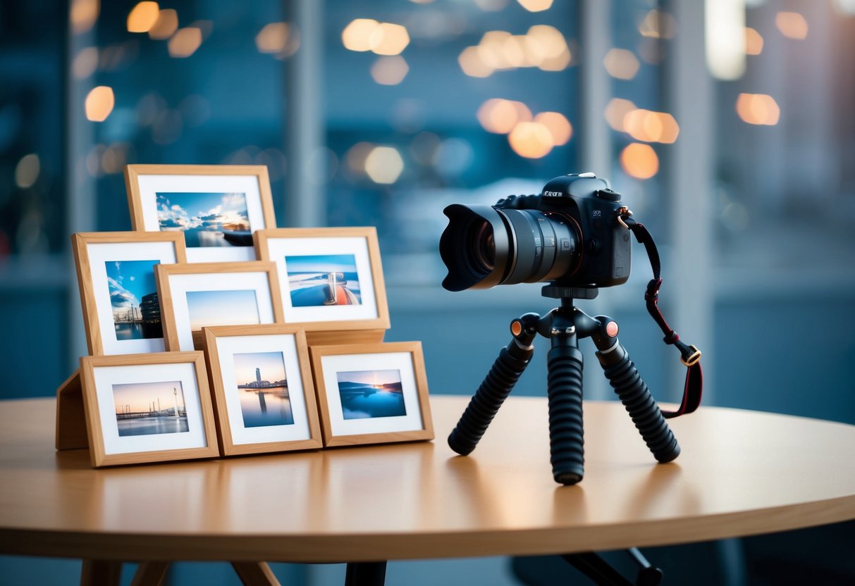 A camera on a tripod with 10 framed photos displayed on a table