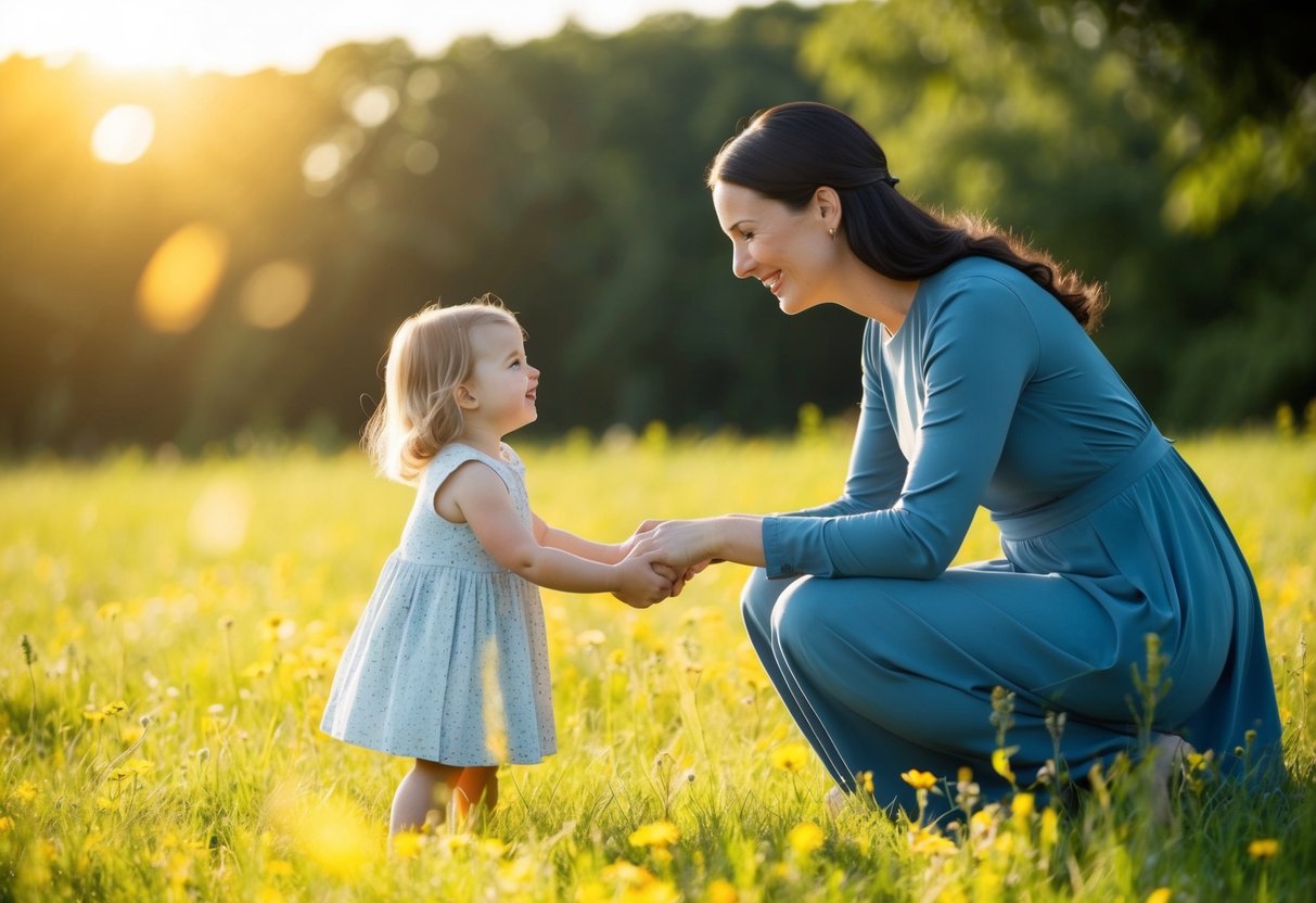 Mary and her partner, a tall figure with a warm smile, hold hands and gaze lovingly at their child playing in a sunlit meadow