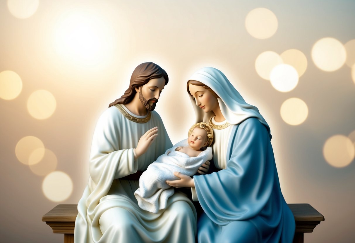 A serene and ethereal scene of Mary, Joseph, and the infant Jesus surrounded by a soft glow, conveying a sense of purity and divine love