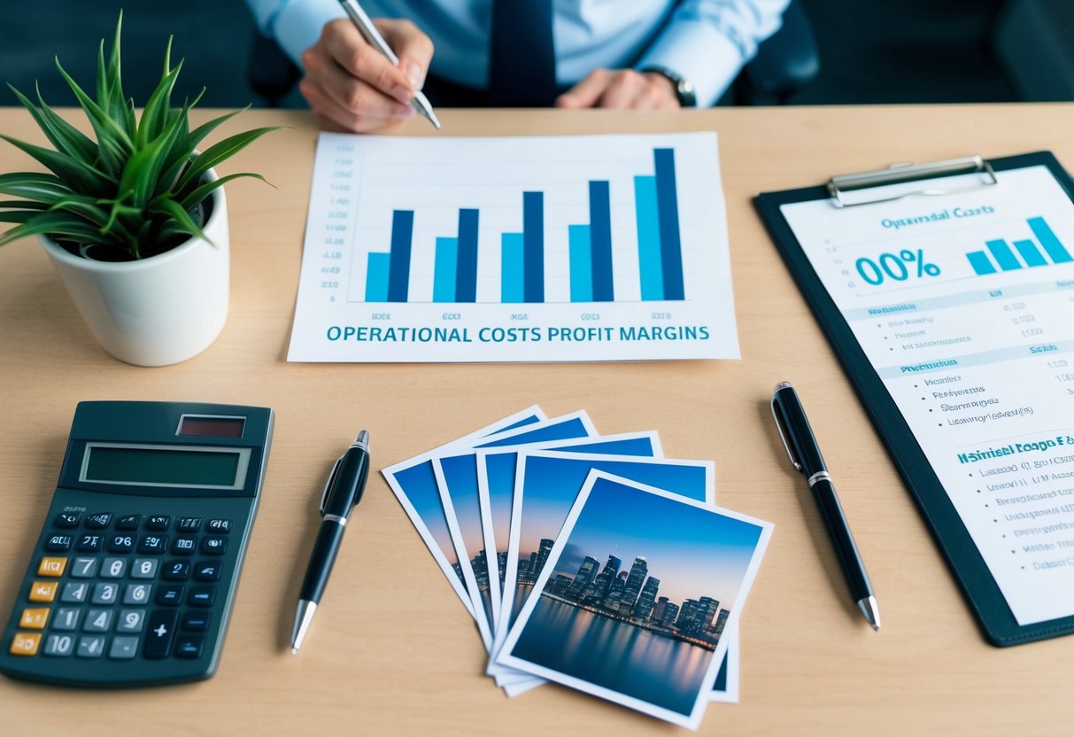A photographer's desk with a calculator, pen, and paper. A chart showing operational costs and profit margins. Ten printed photos laid out neatly