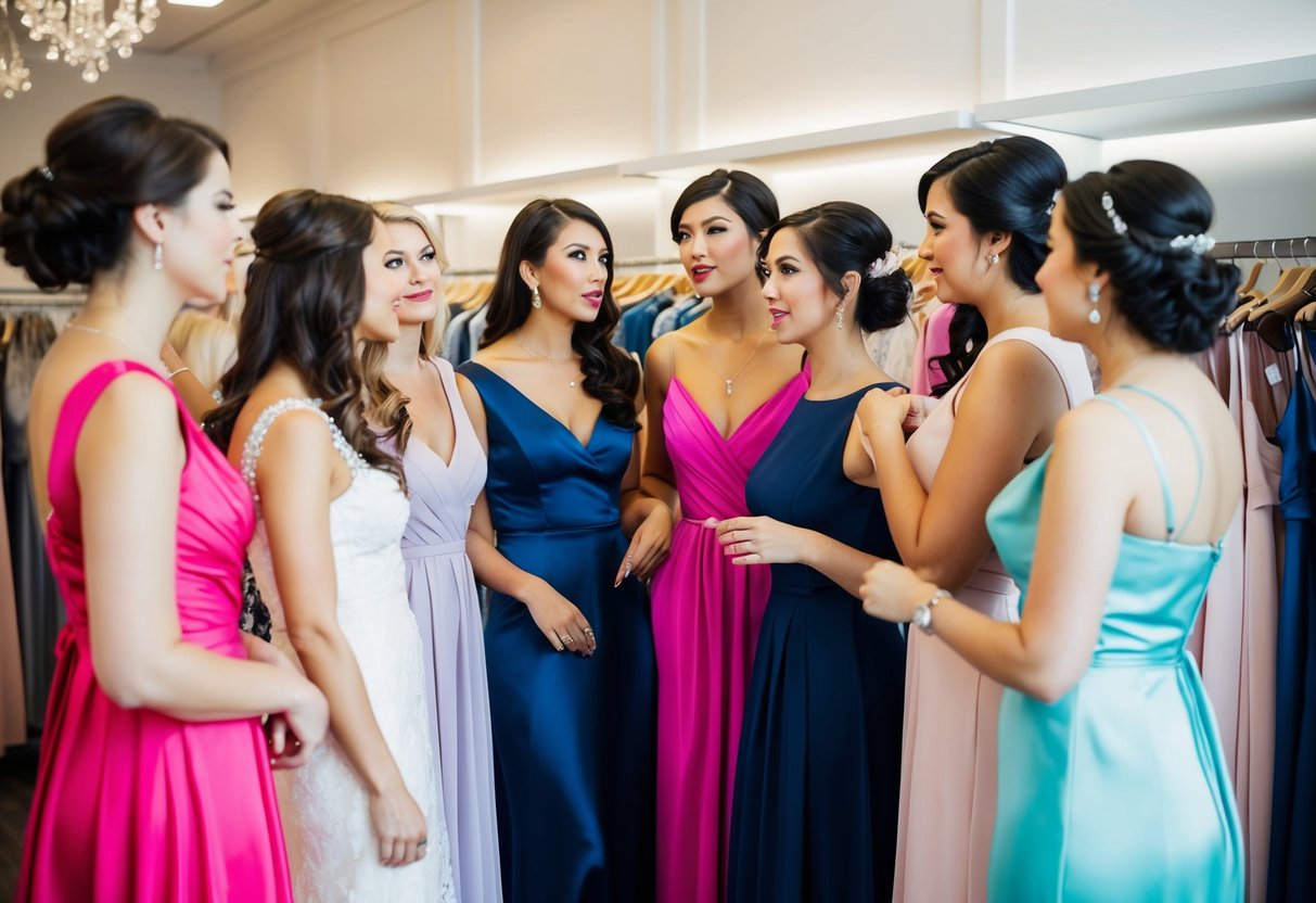 A group of bridesmaids try on dresses together at a boutique, discussing who will pay for their own attire