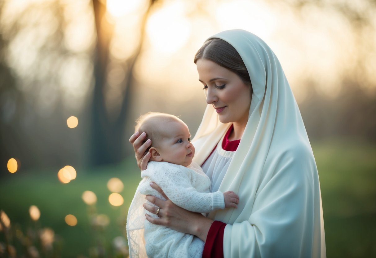 Mary holding a baby in a peaceful, ethereal setting with a soft glow emanating from the child